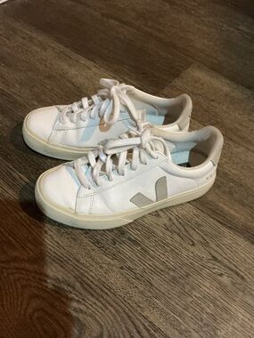 Veja White Leather Sneakers with Light Gray V Logo